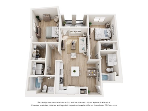 A 3D floor plan of a house with a kitchen, living room, and bedrooms.